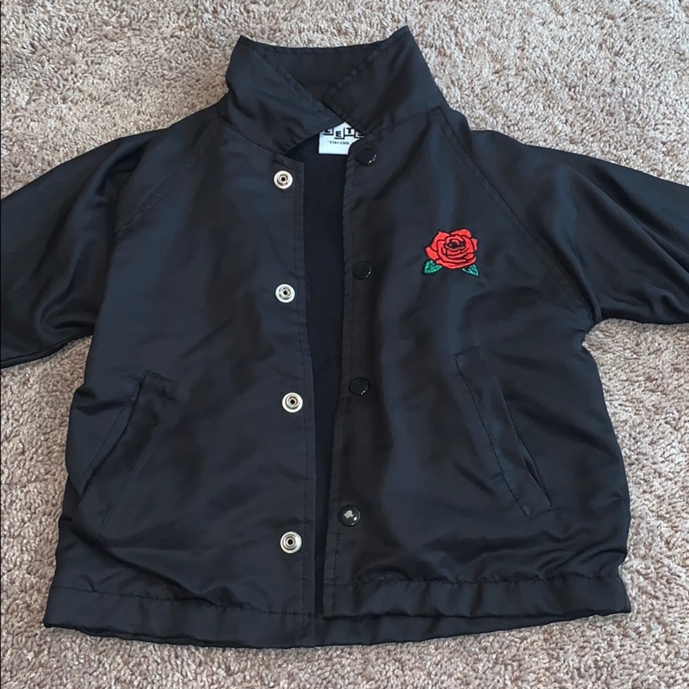 LETS kids black button down jacket with red rose.